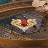 Nature-Inspired Pear-Cut Natural Garnet Couple's Engagement Ring Set